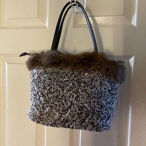 Murval Paris brown & Beige knit with faux fur small tote bag double hand…